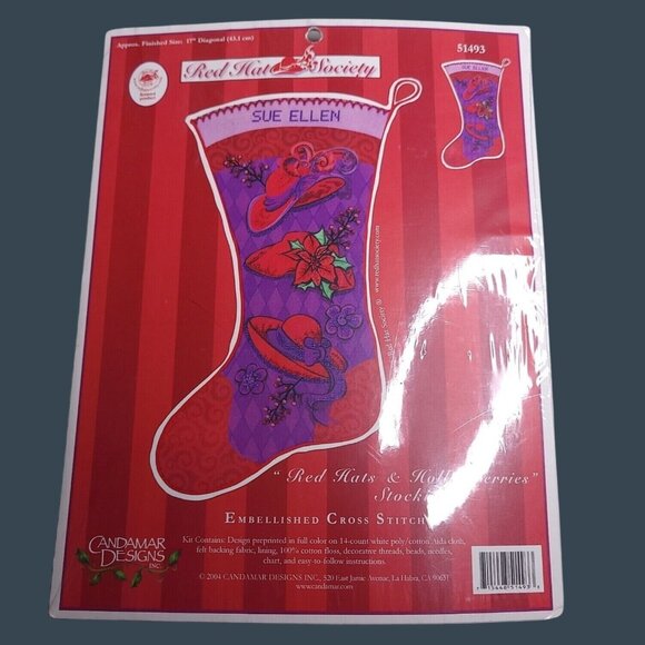 Red Hat Society Embellished Cross Stitch Kit "Red Hats & Holly Berries" Stocking - Picture 1 of 5